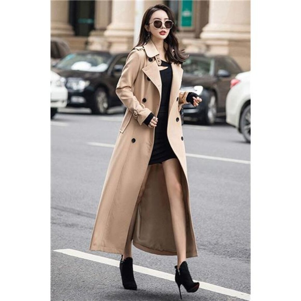 Women's Double Breasted Duster Trench Coat Slim Full Length Maxi Long - Picture 2 of 5